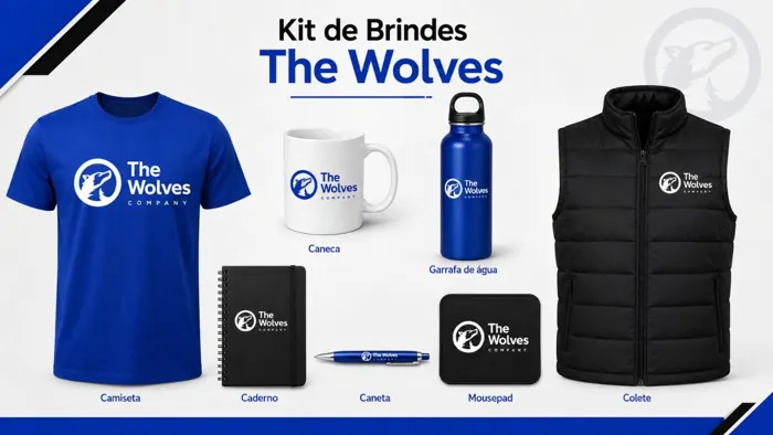 Kit de brindes The Wolves: camiseta, caneca, caderno, garrafa e colete